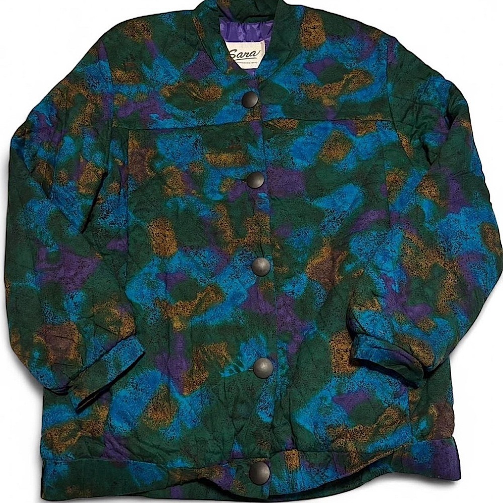 Vintage Quilted Jacket Womens 2XL Peacock Coloring Purple Green Button Pockets